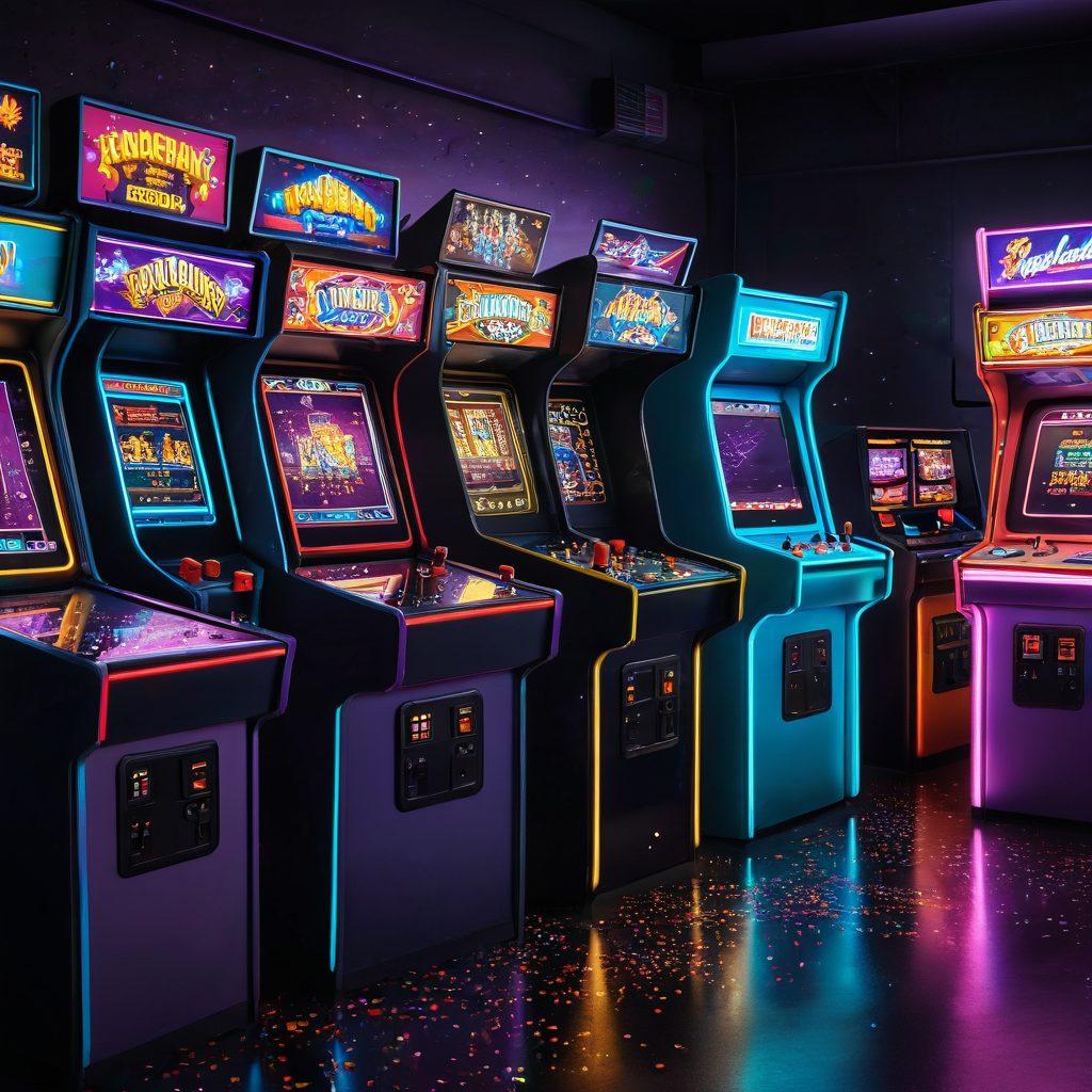 A dynamic retro arcade scene filled with vintage game cabinets glowing with neon colors, featuring pixelated characters coming to life and leaping through the air. In the foreground, a player is excitedly engaged in a nostalgic game, surrounded by colorful power pellets scattered around like confetti, capturing the spirit of classic gaming. Create a sense of motion and excitement in the artwork. vibrant colors. super-realistic. retro style.